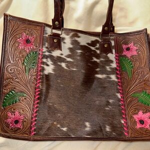 Myra tote with tooled leather and cowhide